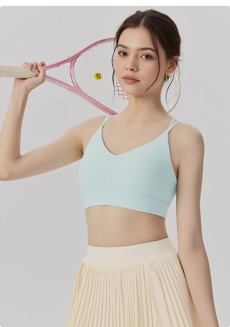 Cross-Back V-Neck Sports Bra – Built-In Cup, No Bra Needed
