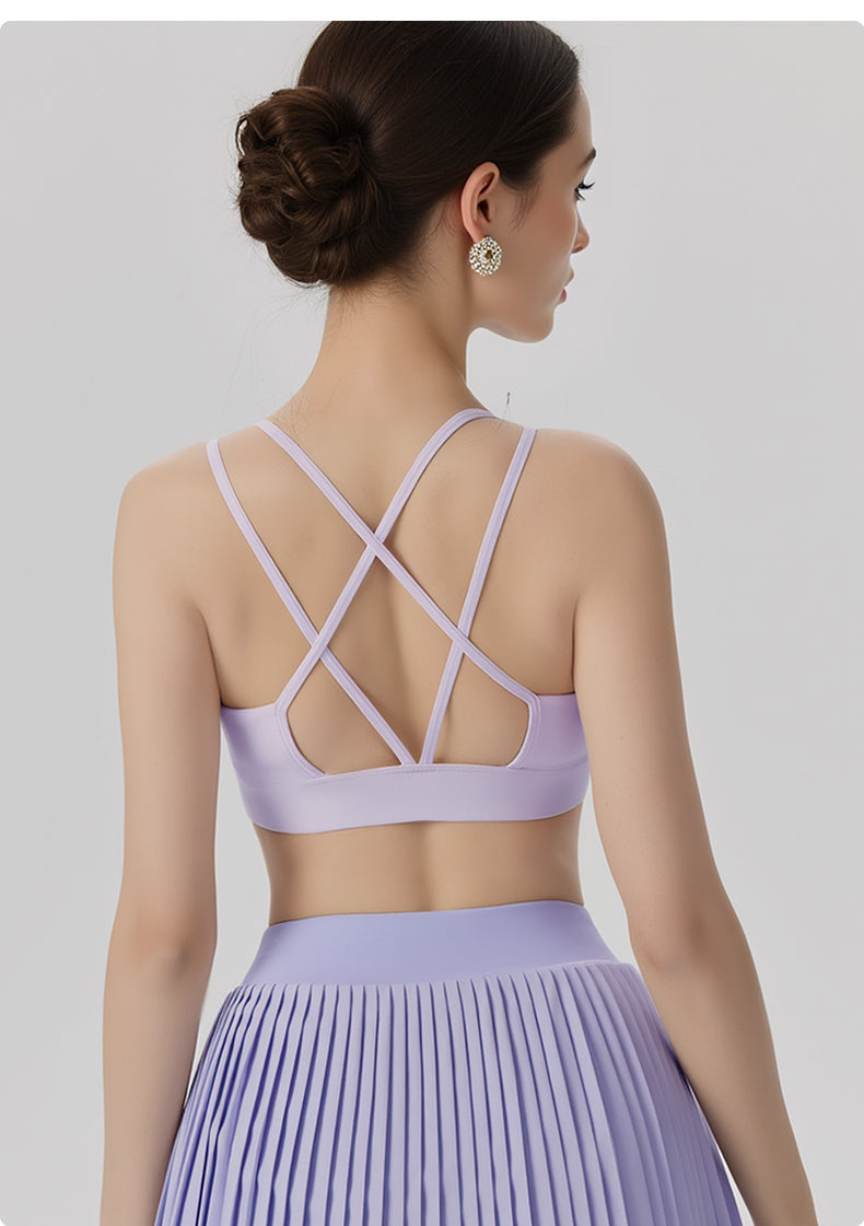Cross-Back V-Neck Sports Bra – Built-In Cup, No Bra Needed