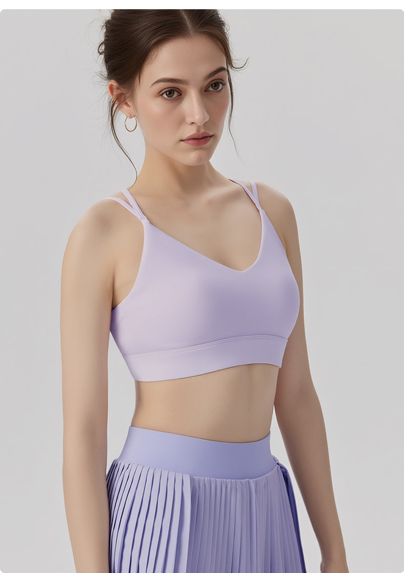 Cross-Back V-Neck Sports Bra – Built-In Cup, No Bra Needed
