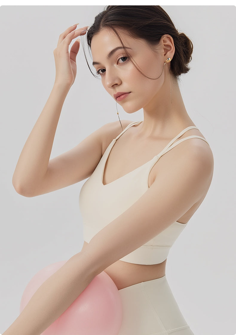 Cross-Back V-Neck Sports Bra – Built-In Cup, No Bra Needed