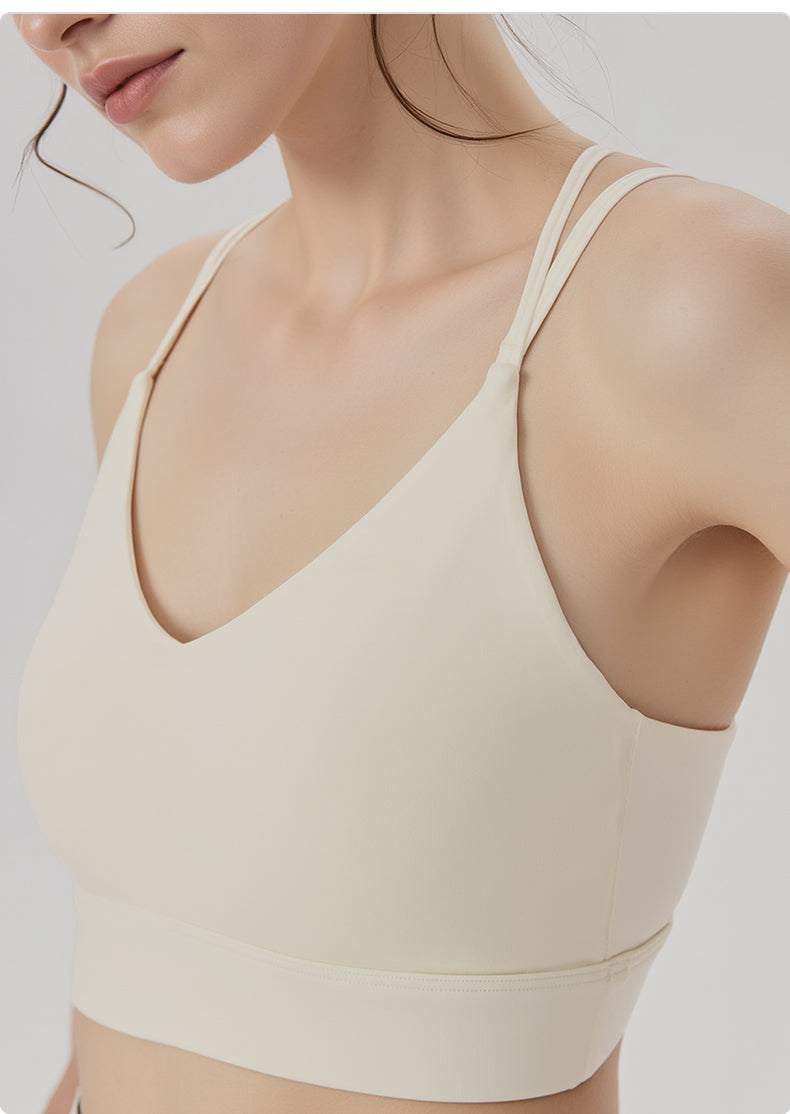 Cross-Back V-Neck Sports Bra – Built-In Cup, No Bra Needed
