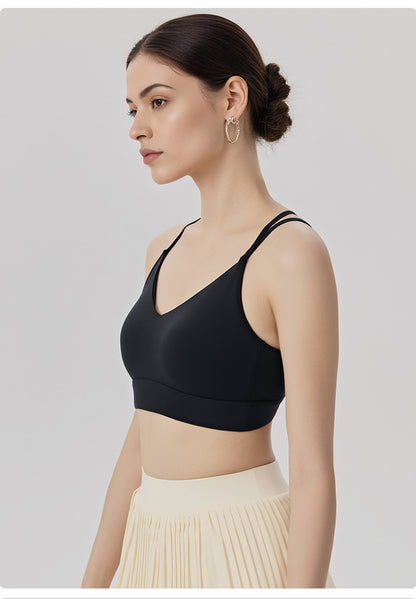 Cross-Back V-Neck Sports Bra – Built-In Cup, No Bra Needed