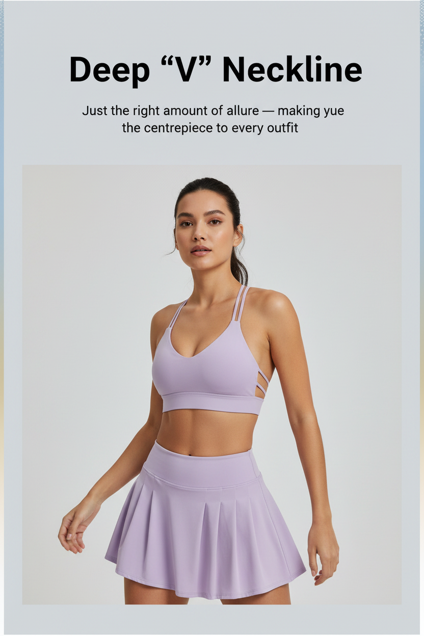 Cross-Back V-Neck Sports Bra – Built-In Cup, No Bra Needed