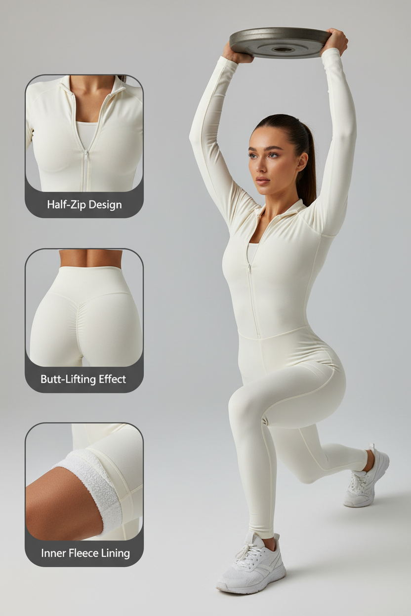DLT004 Full-Length Half-Zip Active Jumpsuit with Fleece Lining