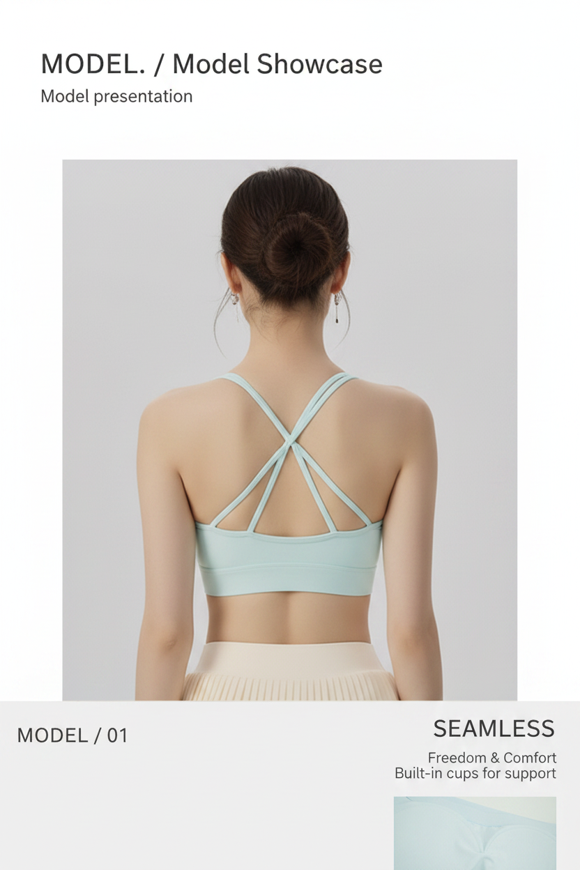 Cross-Back V-Neck Sports Bra – Built-In Cup, No Bra Needed