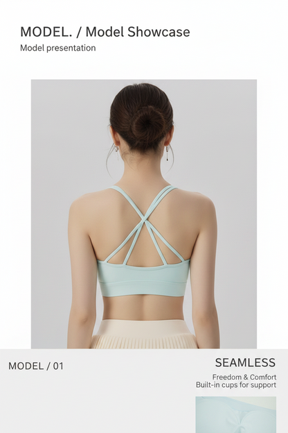 Cross-Back V-Neck Sports Bra – Built-In Cup, No Bra Needed