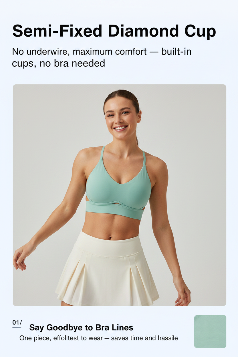 Cross-Back V-Neck Sports Bra – Built-In Cup, No Bra Needed