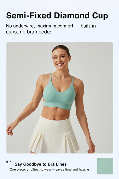 Cross-Back V-Neck Sports Bra – Built-In Cup, No Bra Needed